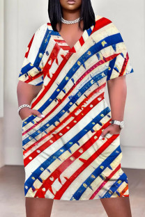 Red White Casual Print Patchwork Pocket V Neck Straight Plus Size Dresses