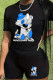 Black Casual Print Patchwork O Neck Short Sleeve Two Pieces