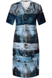 Deep Blue Casual Mixed Printing Pocket V Neck Printed Plus Size Dresses