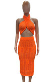 Tangerine Sweet Solid Bandage Hollowed Out Patchwork Strapless Sleeveless Two Pieces