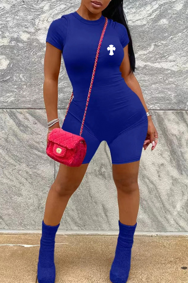 Blue Casual Geometric Print Zipper O Neck Skinny Rompers