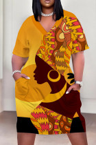 Yellow Brown Casual Print Patchwork Pocket V Neck Straight Plus Size Dresses