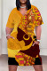Yellow Brown Casual Print Patchwork Pocket V Neck Straight Plus Size Dresses