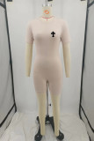 Pink Casual Geometric Print Zipper O Neck Skinny Rompers