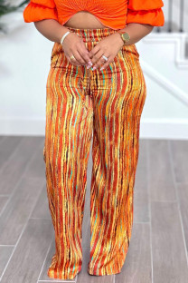 Tangerine Red Casual Print Patchwork Loose High Waist Wide Leg Full Print Bottoms