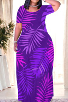Purple Casual Print Patchwork O Neck Long Dresses