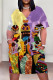 Yellow Purple Casual Print Patchwork Pocket V Neck Straight Plus Size Dresses