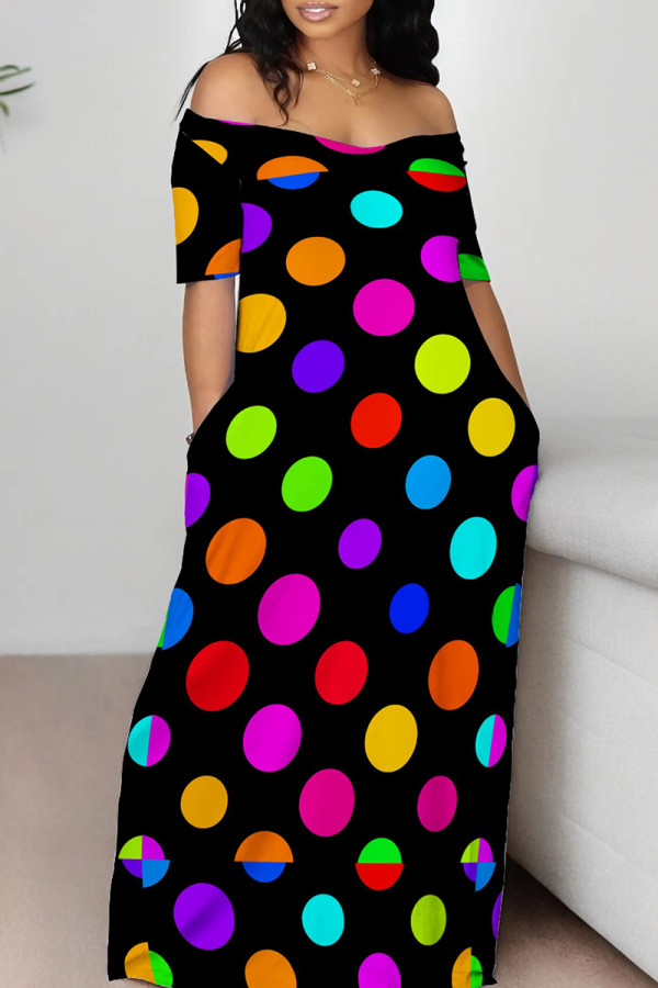 Black Casual Print Patchwork Off the Shoulder Long Dresses