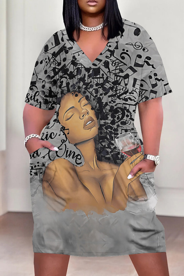 Grey Casual Print Patchwork V Neck Straight Plus Size Dresses