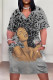 Grey Casual Print Patchwork V Neck Straight Plus Size Dresses