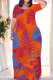 Tangerine Red Casual Print Patchwork O Neck Long Dresses