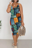 Rose Red Casual Print Patchwork V Neck Wrapped Skirt Dresses