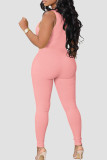 Pink Casual Solid Patchwork Zipper Zipper Collar Skinny Jumpsuits