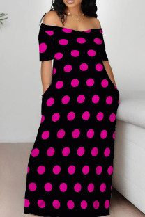 Black Pink Casual Print Patchwork Off the Shoulder Long Dresses