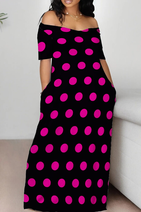 Black Pink Casual Print Patchwork Off the Shoulder Long Dresses