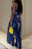 Blue Sexy Print Hollowed Out Patchwork Backless Stringy Selvedge Spaghetti Strap Regular Jumpsuits