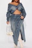 Blue Street Patchwork Pocket Buttons Slit Zipper Loose Mid Waist Straight Patchwork Bottoms