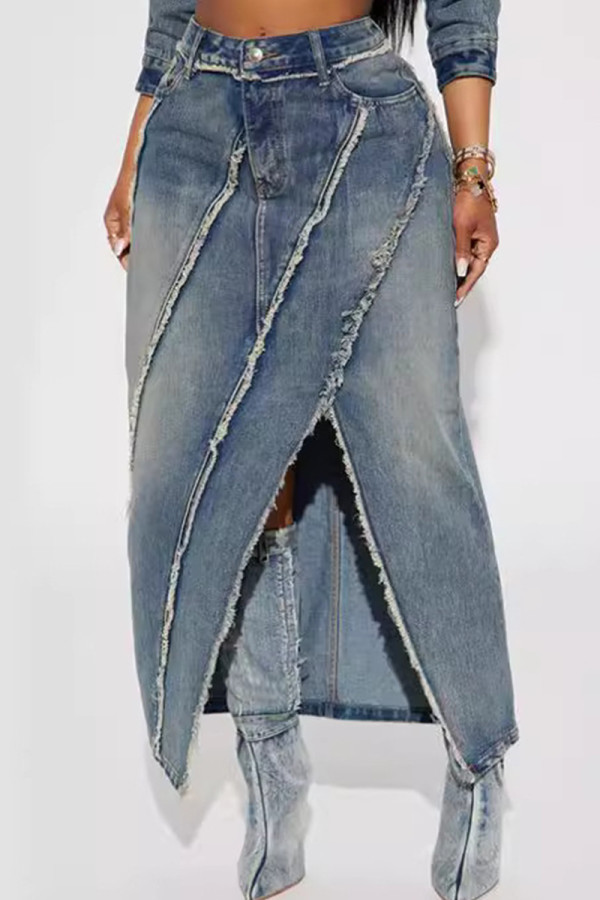 Blue Street Patchwork Pocket Buttons Slit Zipper Loose Mid Waist Straight Patchwork Bottoms