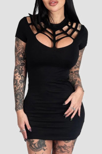 Black Sexy Solid Hollowed Out Patchwork O Neck Wrapped Skirt Dresses