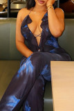 Blue Sexy Print Hollowed Out Patchwork Backless Stringy Selvedge Spaghetti Strap Regular Jumpsuits