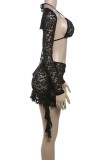 Black Sexy Solid See-through Backless Long Sleeve Three Piece Set