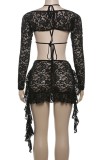 Black Sexy Solid See-through Backless Long Sleeve Three Piece Set