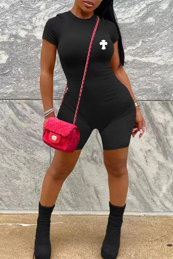 Black Casual Geometric Print Zipper O Neck Skinny Rompers