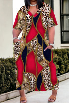 Red Casual Street Geometric Print Pocket V Neck Printed Plus Size Dresses