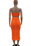 Tangerine Sweet Solid Bandage Hollowed Out Patchwork Strapless Sleeveless Two Pieces