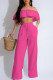Rose Red Casual Solid Patchwork Backless Off the Shoulder Short Sleeve Two Pieces