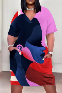 Pink Casual Print Patchwork Pocket V Neck Straight Plus Size Dresses