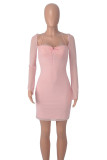 Pink Sexy Solid Patchwork Backless Square Collar Wrapped Skirt Dresses