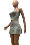 Red Sexy Solid Patchwork Backless Fold Spaghetti Strap Sleeveless Two Pieces