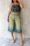Blue Street Embroidery Patchwork Buttons Zipper Strapless Tops