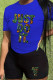 Blue Casual Letter Patchwork O Neck Short Sleeve Two Pieces