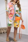 Multicolor Casual Print Patchwork Shirt Collar Short Sleeve Two Pieces