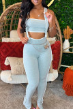 Blue Sweet Patchwork Slit Strapless Sleeveless Two Pieces