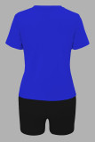 Blue Casual Print Patchwork O Neck Short Sleeve Two Pieces