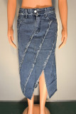 Blue Street Patchwork Pocket Buttons Slit Zipper Loose Mid Waist Straight Patchwork Bottoms
