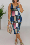 Rose Red Casual Print Patchwork V Neck Wrapped Skirt Dresses