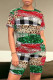 Red Green Casual Geometric Print Leopard Contrast O Neck Short Sleeve Two Pieces