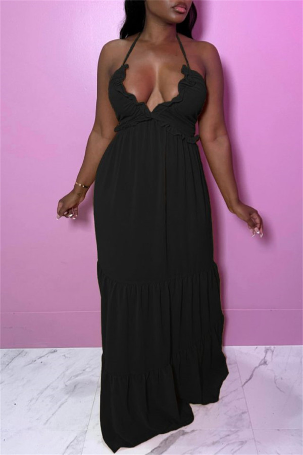 Black Sexy Casual Solid Bandage Backless Spaghetti Strap Long Dresses