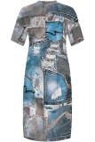 Blue Casual Mixed Printing Pocket V Neck Printed Plus Size Dresses