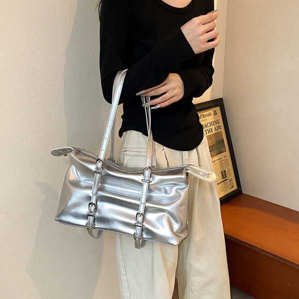Silver Daily Solid Patchwork Zipper Bags
