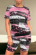 Pink Black Casual Geometric Print Leopard Contrast O Neck Short Sleeve Two Pieces
