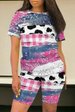 Pink Casual Geometric Print Leopard Contrast O Neck Short Sleeve Two Pieces