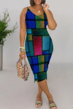 Rose Red Casual Print Patchwork V Neck Wrapped Skirt Dresses