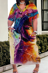 Multicolor Casual Print Patchwork V Neck Straight Plus Size Dresses