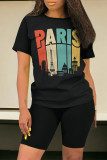 Black Casual Letter Geometric Print O Neck Short Sleeve Two Pieces
