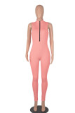 Pink Casual Solid Patchwork Zipper Zipper Collar Skinny Jumpsuits